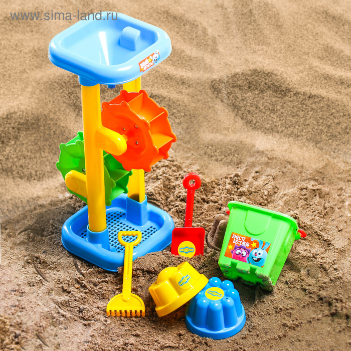 Набор для игры в песке: ведро, мельница, совок, грабли, 2 формочки, СМЕШАРИКИ цвет МИКС, 530 мл - Фото 1