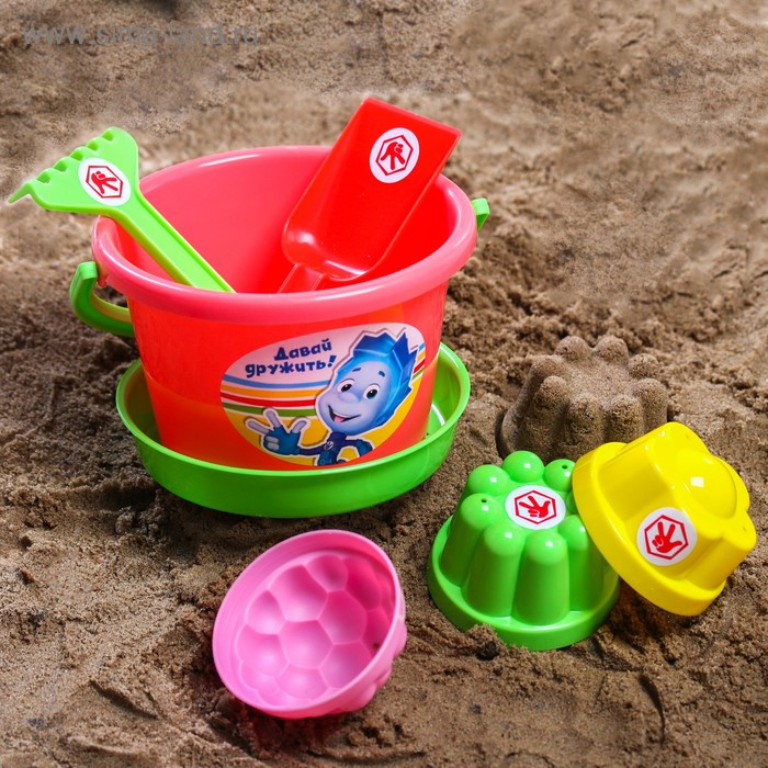 Набор для игры в песке: ведро, сетка, лопата, грабли, 3 формочки, ФИКСИКИ цвет МИКС, 1,05 л - Фото 1