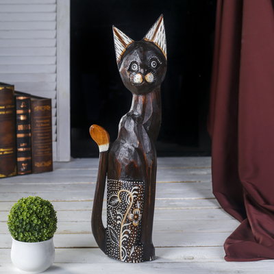 Сувенир «Кошка с белым цветком», 5.5×12×50 см, дерево