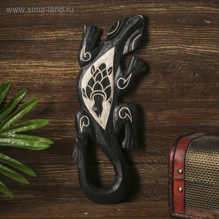 Панно настенное «Геккон черный с черепашкой», 1×11×30 см, дерево