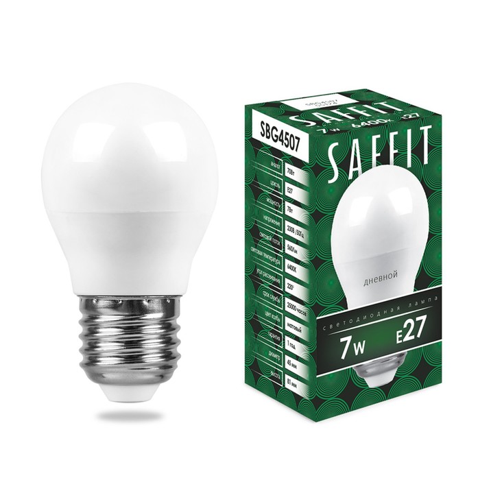 Лампа светодиодная SAFFIT SBG4507, G45, E27, 7 Вт, 230 В, 6400 К, 560 Лм, 220°, 81 х 45 мм - Фото 1