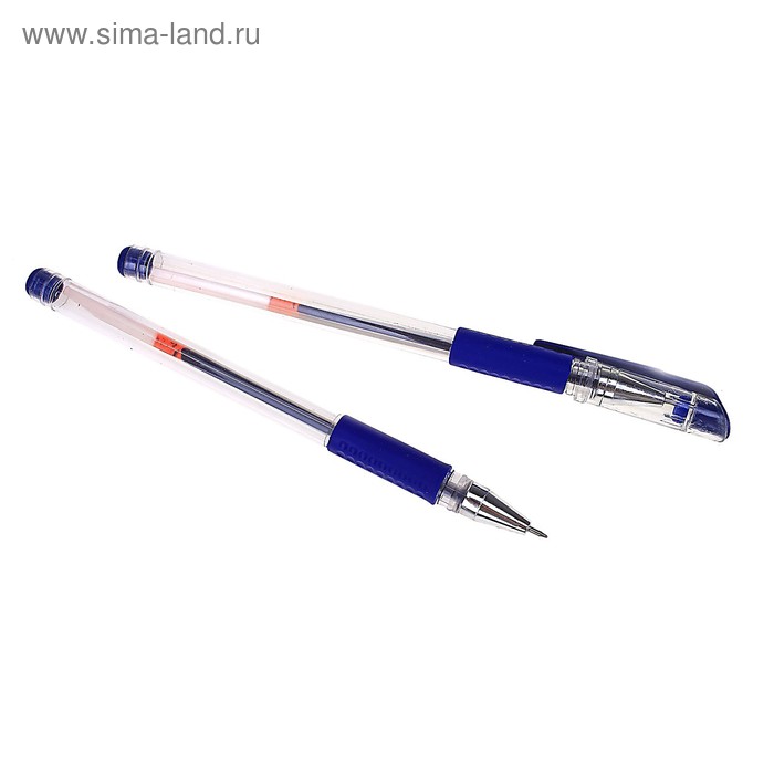 Ручка гелевая 0,5мм синяя прозрачный корпус с резиновым держателем, игольчатый пишущий узел - Фото 1