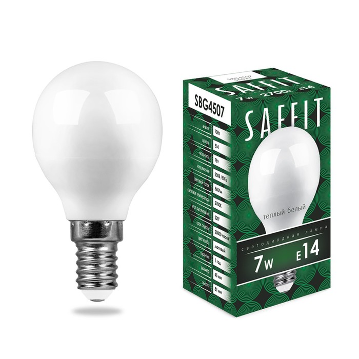 Лампа светодиодная SAFFIT, G45, 7 Вт, E14, 2700 К, 560 Лм, 220°, 80 х 45 - Фото 1