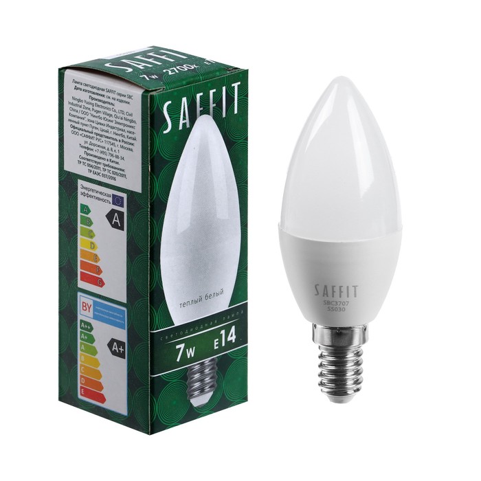 Лампа светодиодная SAFFIT, C37, 7 Вт, E14, 2700 К, 560 Лм, 220°, 100 х 37 - Фото 1