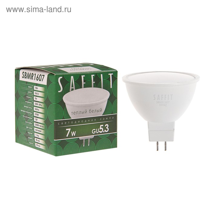 Лампа светодиодная SAFFIT, MR16, 7 Вт, G5.3, 560 Лм, 2700 К, 120°, 48х50 - Фото 1