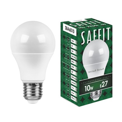 Лампа светодиодная SAFFIT SBA6010, A60, E27, 10 Вт, 230 В, 2700 К, 800 Лм, 220°, 108 х 60 мм