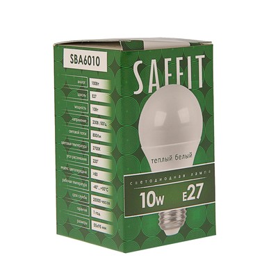 Лампа светодиодная SAFFIT SBA6010, A60, E27, 10 Вт, 230 В, 2700 К, 800 Лм, 220°, 108 х 60 мм