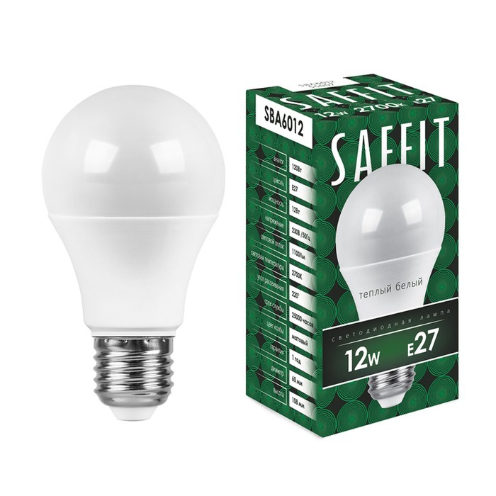 Лампа светодиодная SAFFIT SBA6012, A60, E27, 12 Вт, 230 В, 2700 К, 1100 Лм, 220°,112 х 60 мм - Фото 1