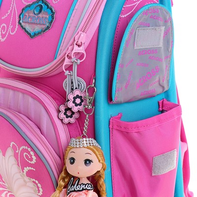 Ранец Стандарт Across 195, 35 х 28 х 15 см, для девочки, раскладной, розовый + мешок для обуви