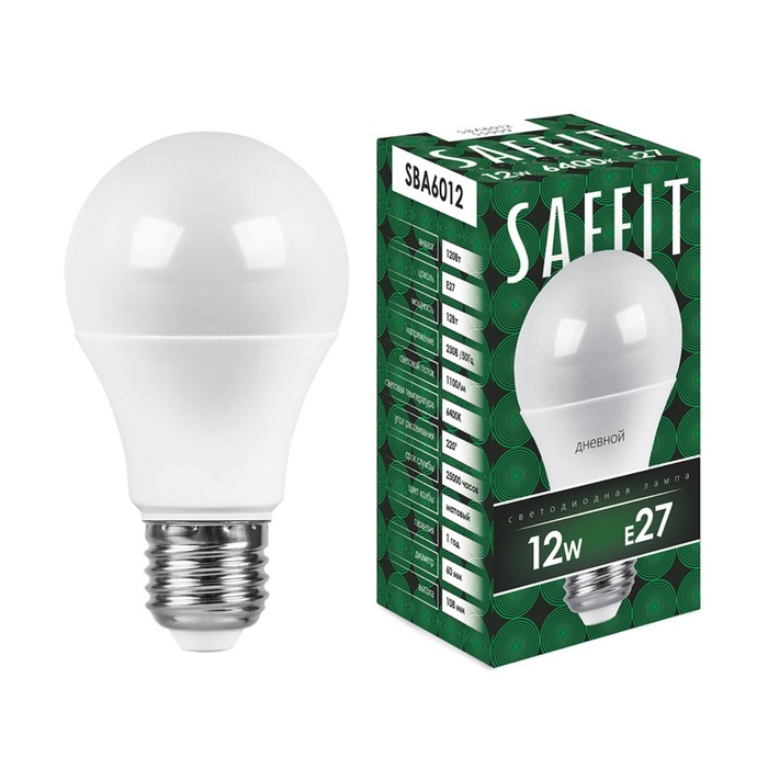 Лампа светодиодная SAFFIT SBA6012, A60, E27, 12 Вт, 230 В, 6400 К, 1100 Лм, 220°, 113х60 мм - Фото 1