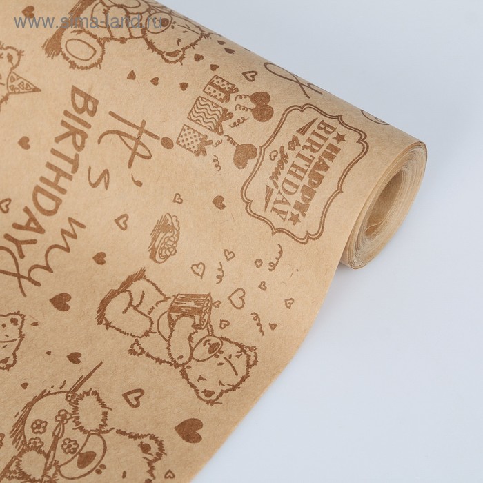 Бумага упаковочная крафт, односторонняя "МИШКИ ТЕДДИ", коричневый, 0,7 х 10 м - Фото 1