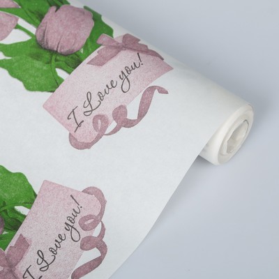 Бумага упаковочная крафт "Тюльпаны", пудра/салатовый/бордовый, 0,7 х 10 м