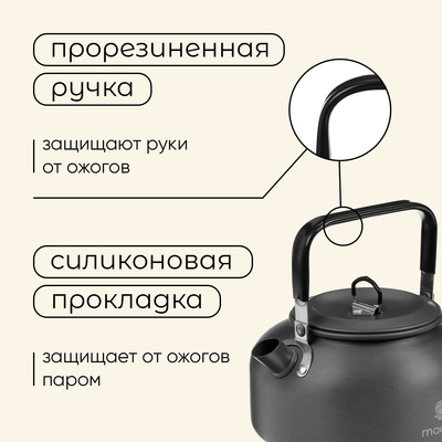 Набор туристической посуды maclay: чайник, кастрюля, сковорода, 3 чашки, черпак, лопатка, губка