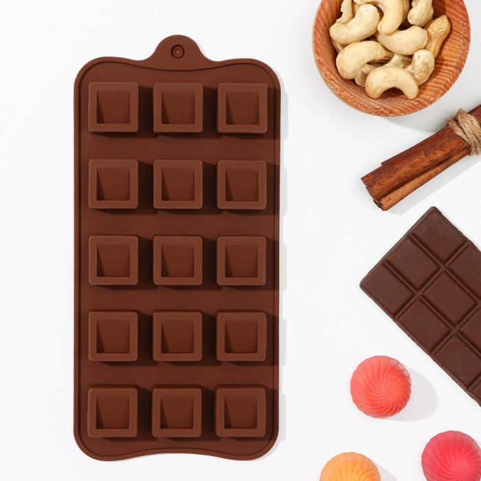 Форма для шоколада Доляна «Кубики», 22×11 см, 15 ячеек (2,3×2,3×3 см), цвет коричневый - Фото 1