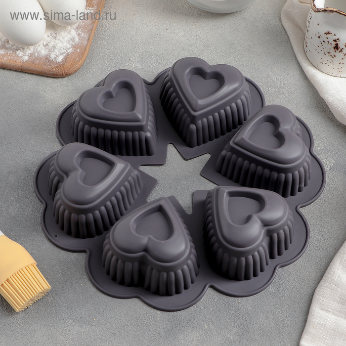 Форма силиконовая для выпечки «Сердце в сердце», 25×4,5 см, 6 ячеек, цвет МИКС - Фото 1