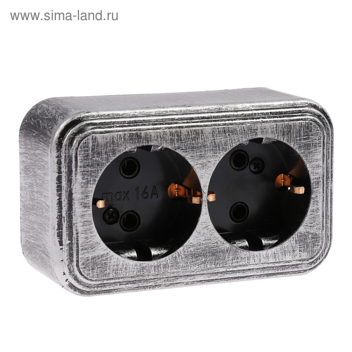 Розетка «Элект» RA 16-238-ЧС, 16 А, 250 В, двухместная, открытая, с з/к, черная под серебро - Фото 1
