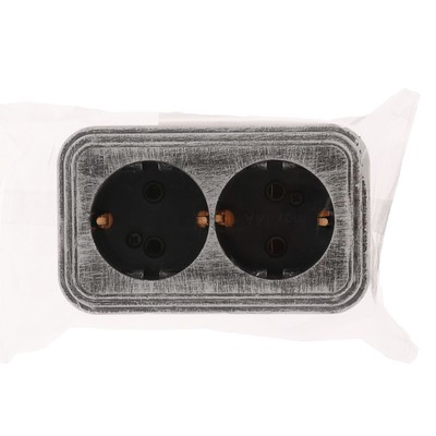 Розетка «Элект» RA 16-238-ЧС, 16 А, 250 В, двухместная, открытая, с з/к, черная под серебро