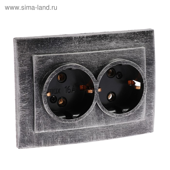 Розетка "Элект" RS 16-238-ЧС, 16 А, 250 В, двухместная, скрытая, с з/к, черная под серебро - Фото 1