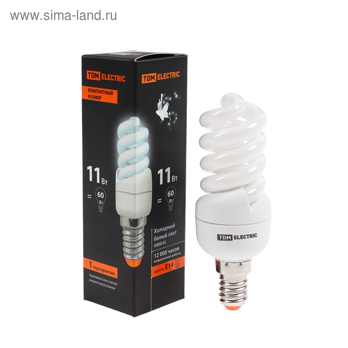 Лампа энергосберегающая TDM КЛЛ-FSТ2 "КОМПАКТ", Е14, 11 Вт, 4000 К, 35 х 102 мм - Фото 1