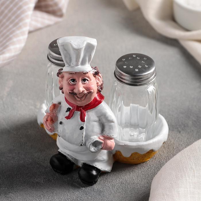 Набор для специй из стекла на подставке «Шеф-повар», 3 предмета: солонка 100 мл, перечница 100 мл, подставка, фигурка МИКС - Фото 1