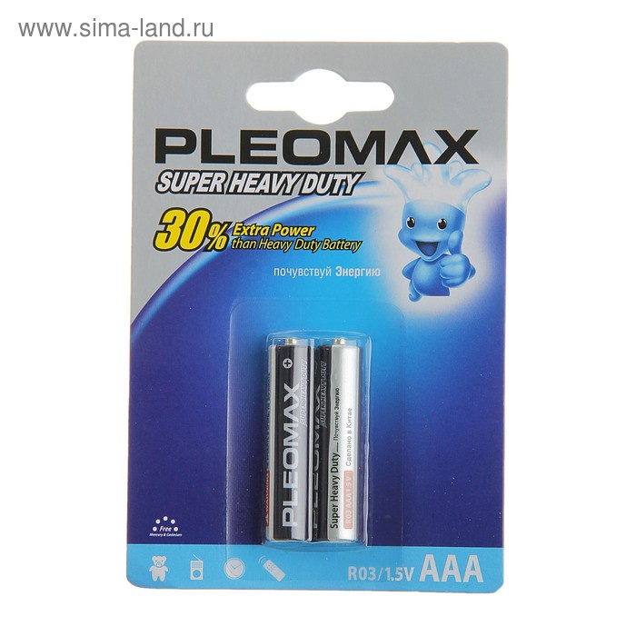 Батарейка солевая Pleomax Super Heavy Duty, AAA, R03-2BL, 1.5В, блистер, 2 шт. - Фото 1