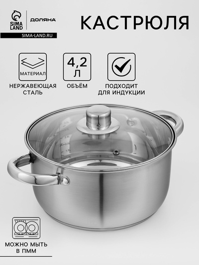Кастрюля Доляна «Сильве», 4.2 л, d=22 см, с крышкой, капсульное дно, индукция, нержавеющая сталь