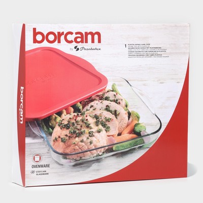Форма для запекания Paşabahçe Borcam, 3 л, 28.2×31.7 см, с красной крышкой, стекло, прозрачная