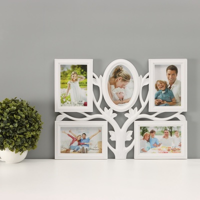 Фоторамка пластик на 5 фото 10х15 см "Дерево с листьями" белая 34х45х2 см