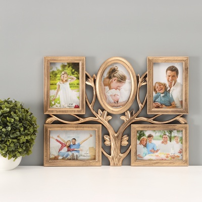 Фоторамка - коллаж на 5 фото 10×15 см «Дерево с листьями», т. золото, 34×45×2 см