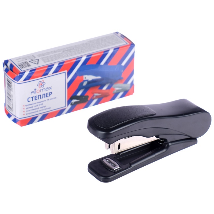 Степлер № 10 Attomex, до 18 листов, встроенный антистеплер, чёрный - Фото 1