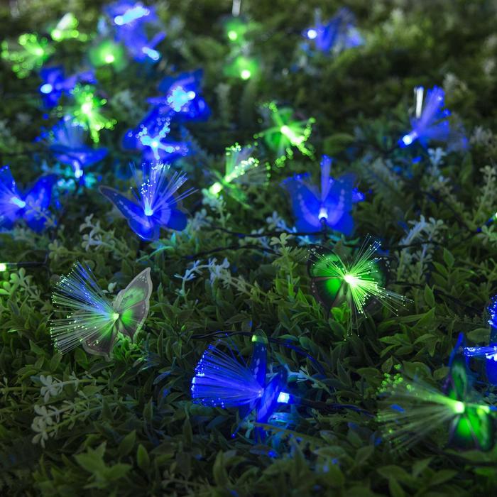Гирлянда «Нить» 4.5 м с насадками «Бабочки», IP44, тёмная нить, 30 LED, свечение синее/зелёное, 2 режима, солнечная батарея - фото 1883453422