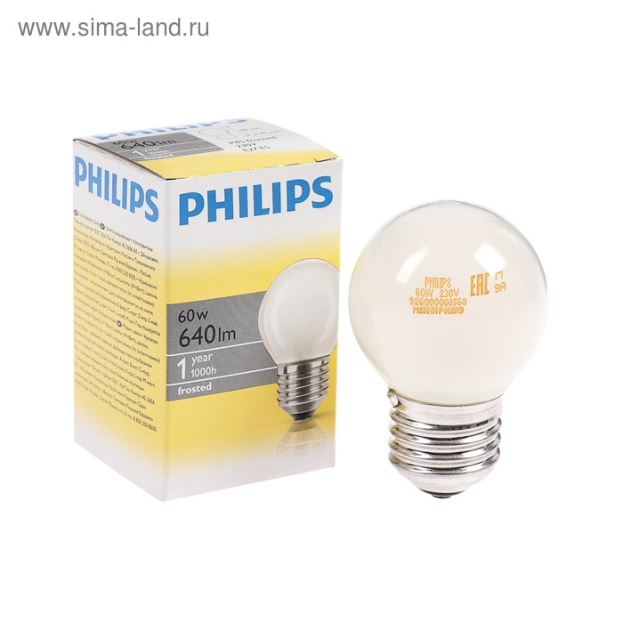 Лампа накаливания Philips Stan P45 FR 1CT/10X10, E27, 60 Вт, 230 В - Фото 1