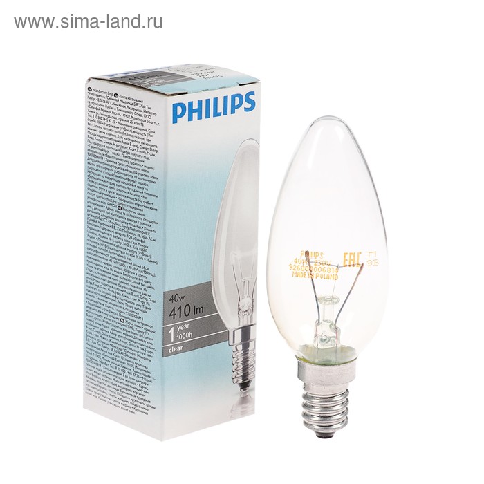 Лампа накаливания Philips Stan B35 CL 1CT/10X10, E14, 40 Вт, 230 В - Фото 1