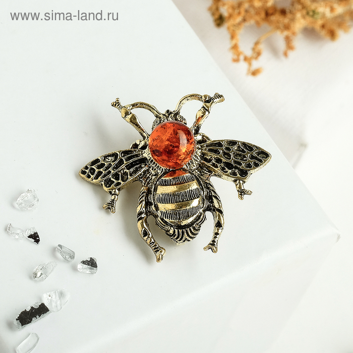 Брошь "Янтарь" пчела, цвет коньячный в бронзе - Фото 1
