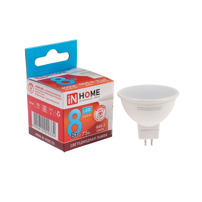 Лампа светодиодная IN HOME LED-JCDR-VC, GU5.3, 8 Вт, 230 В, 4000 К, 600 - 720 Лм - фото 1907008451