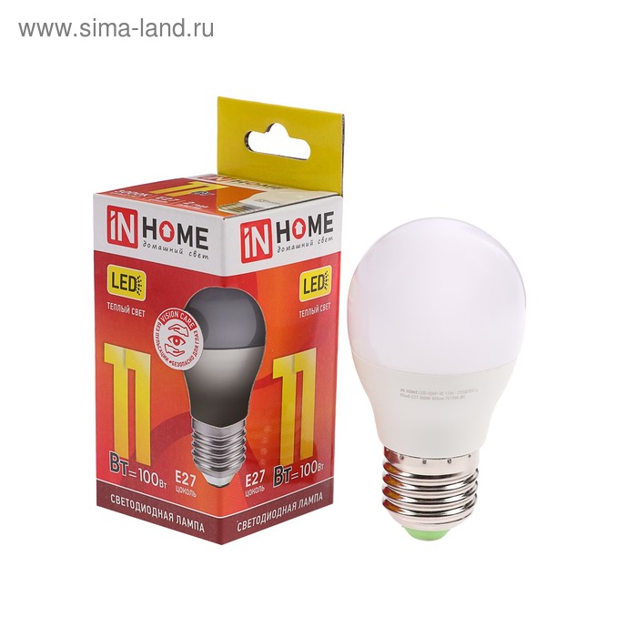 Лампа светодиодная IN HOME LED-ШАР-VC, Е27, 11 Вт, 230 В, 3000 К, 990 Лм - Фото 1