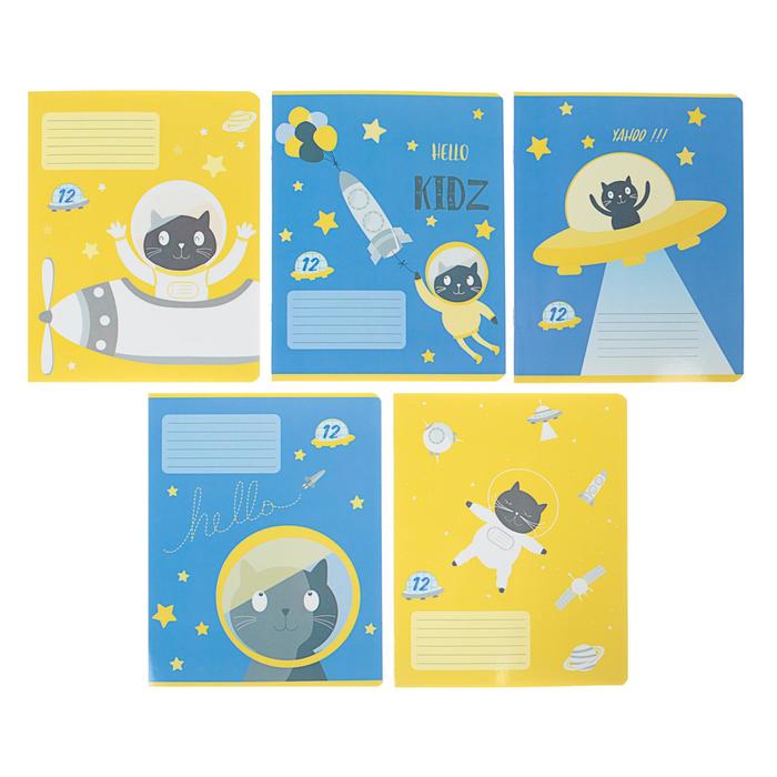 Тетрадь 12 листов в клетку «Кот в космосе», обложка мелованный картон, УФ-лак, МИКС - Фото 1