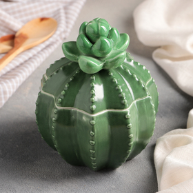 Банка керамическая для сыпучих продуктов «Кактус с цветком», 500 мл, 12,5×15,5 см, цвет зелёный