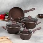 Набор посуды, 4 предмета: кастрюля 4 л, сотейник 2.5 л, ковш 1.2 л, сковорода 24 см, антипригарное покрытие, коричневый - Фото 1