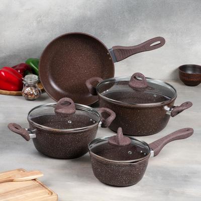 Набор посуды, 4 предмета: кастрюля 4 л, сотейник 2.5 л, ковш 1.2 л, сковорода 24 см, антипригарное покрытие, коричневый