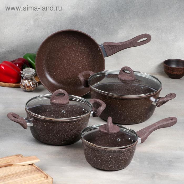 Набор посуды, 4 предмета: кастрюля 4 л, сотейник 2.5 л, ковш 1.2 л, сковорода 24 см, антипригарное покрытие, коричневый - Фото 1