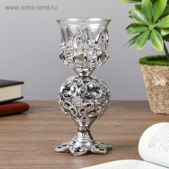 Подсвечник пластик, стекло на 1 свечу "Ажурный шар" бокал на ножке серебро 15х6х6 см - Фото 1