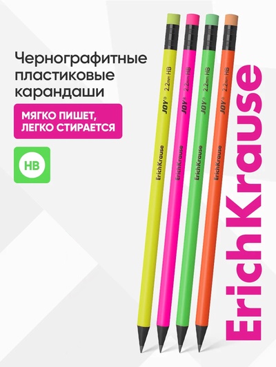 Карандаш чернографитный ErichKrause. JOY, HB, с ластиком, круглый, пластиковый, неоновый корпус, МИКС