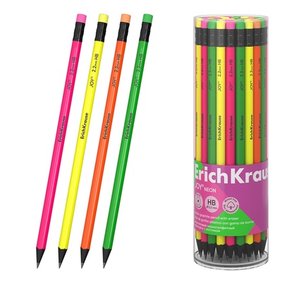 Карандаш чернографитный ErichKrause «JOY», HB, грифель d=2.2 мм, пластик, круглый, в тубусе, неон МИКС