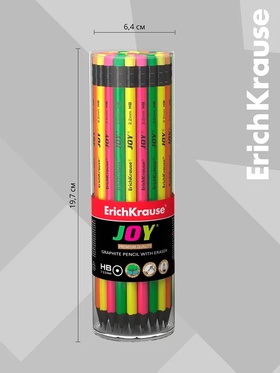 Карандаш чернографитный ErichKrause. JOY, HB, с ластиком, круглый, пластиковый, неоновый корпус, МИКС 4418509