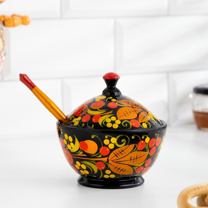 Сахарница дерево хохлома «Гамма», с ложкой, 10.5×7.5 см - Фото 1