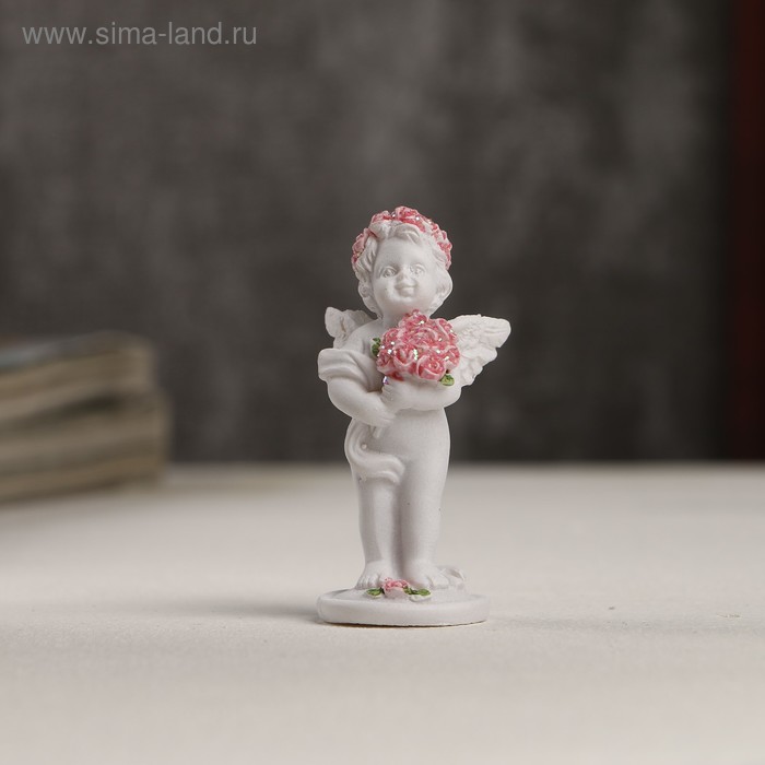 Сувенир полистоун "Белоснежный ангел в розовом веночке с букетом роз" 5,3х2,3х2,3 см - Фото 1