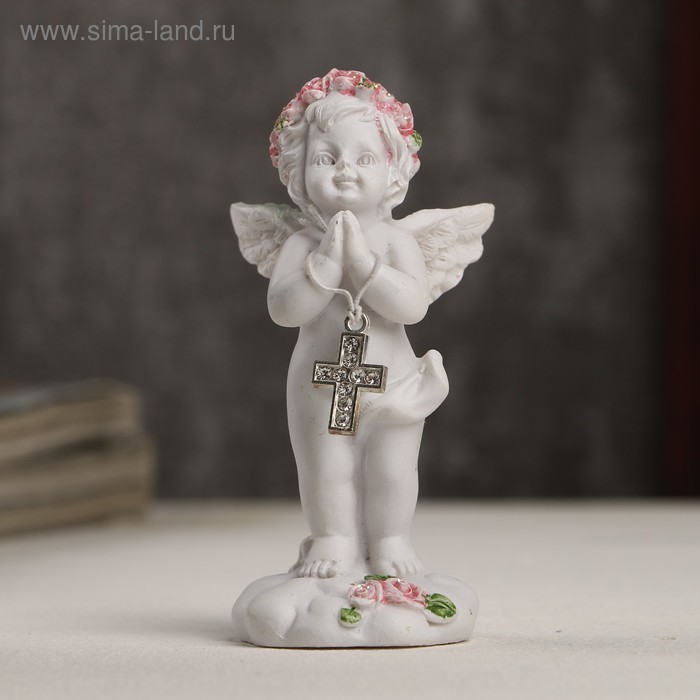 Сувенир полистоун "Белоснежный ангел в розовом веночке с крестиком" 8х3,5х3,8 см - Фото 1