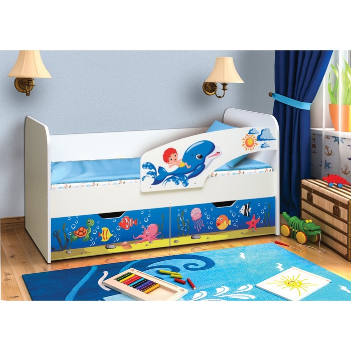 Кровать детская с фотопечатью «Дельфин», 2 ящика, 800х1900 мм, правая, цвет корпус белый