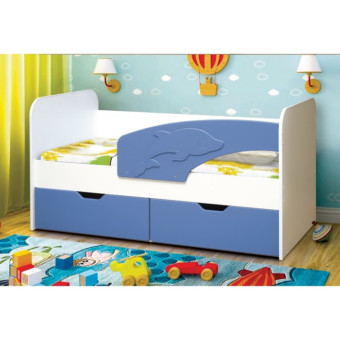 Кровать детская «Дельфин», 2 ящика, 800 × 1900 мм, правая, цвет белый / синий матовый - фото 1908467874